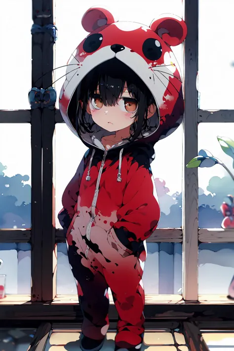 anime character with a bloody face and a hoodie standing in front of a window