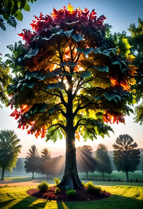 vibrant color,amazing quality, masterpiece, best quality, hyper detailed, ultra realistic lighting, UHD, composition, soft shadows,hyperkraximalism,extremely detailed, hyper-realism, majestic,  awesome, inspiring,dark,
a gigantic tree with very slim translucent glass colorless leaves, sunset,subsurface scattering