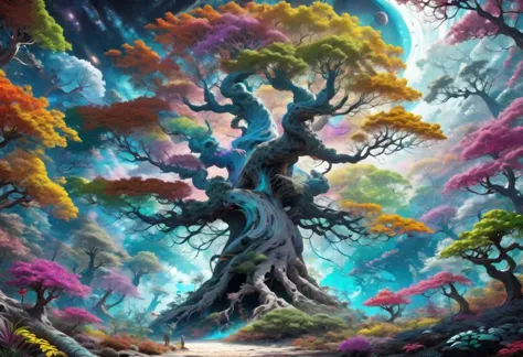 a painting of a tree with many colorful trees in the background