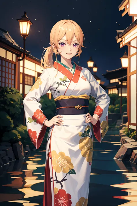 a woman in a kimono dress standing in a courtyard