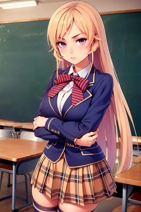 anime girl in school uniform standing in front of a blackboard