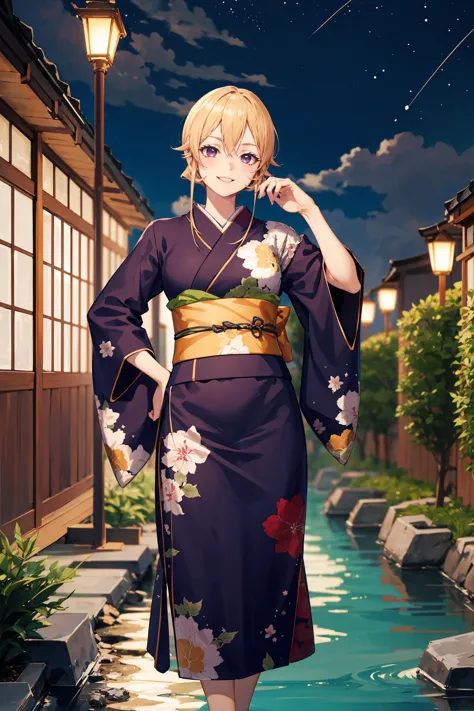 masterpiece, high quality, aaerina, sleek ponytail, Japanese-inspired cheongsam, kimono collar, obi sash, ornate patterns, traditional fastenings, <lora:nakiri_erina_v1:0.73>, radiant smile, poised stance, hand on hip,
outdoor, night view, river,