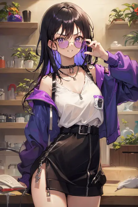 masterpiece,best quality,ultra-detailed, ray tracing,perfect lighting,cowboy shot, 
1 girl,(beautiful detailed eyes), detailed face, hair between eyes, black hair, purple eyes, dark under-eye circles,(expressionless),angry, evil_eyes,grin,multicolored_eyes,
junjie yan,(round eyewear), (tainted glasses),sunglasses, <lora:junjie:1> , 
Punk Zipper Chain Pocket Sweatshirt Dress with Chest Waist Strap Adjustable Buckle Belt Black,jirai kei,
(shiny skin:1.2)[wet with oil:0.3],reflection,