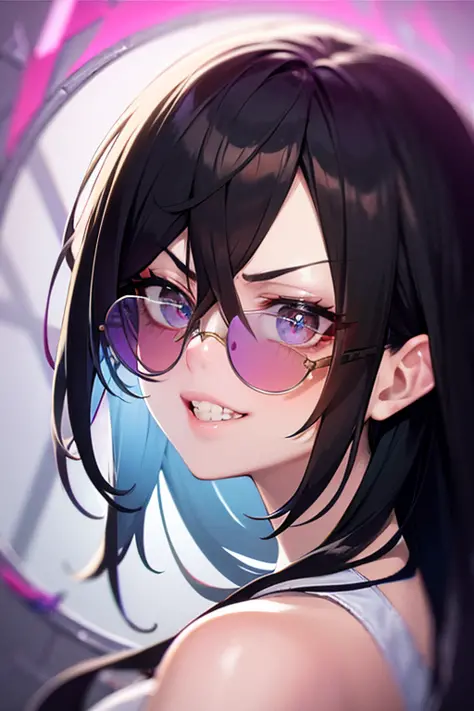 masterpiece,best quality,ultra-detailed, ray tracing,perfect lighting,upper body, 
1 girl,(beautiful detailed eyes), detailed face, hair between eyes, black hair, purple eyes, dark under-eye circles,(expressionless),angry, evil_eyes,grin,multicolored_eyes,
junjie yan,(round eyewear), (tainted glasses),sunglasses, (shiny skin:1.2)[wet with oil:0.3],reflection,