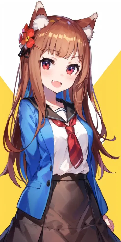 a girl with long hair wearing a blue jacket and a red tie