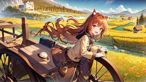 ((masterpiece)), (best quality:1.2),(very fine 8K CG wallpaper1.2),colorful,(ultra-detailed:1.2),(illustration:1.2)
1girl, animal ears, brown hair, fang, long hair, pouch, red eyes, smile, solo, wolf ears, open mouth, wolf girl,, <lora:holoSpiceAndWolf_v10a:0.7>, 

full body,out door, ((yellow Paddy field)),((Horse)),(Horsekeeper),((Horse-drawn carriage)),(yellowStraw Roll),grass,Autumn, fall, ((yellow straw))
 mountains, nature,  cheerful, happy, gloves, sweater, hat, forest, river, wood, smoke, shadows, contrast, clear sky, constellations, Milky Way, peaceful, serene, quiet, tranquil, remote, secluded, adventurous, exploration, escape, independence, survival, resourcefulness, challenge,,