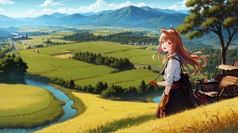 ((masterpiece)), (best quality:1.2),(very fine 8K CG wallpaper1.2),colorful,(ultra-detailed:1.2),(illustration:1.2)
1girl, animal ears, brown hair, fang, long hair, pouch, red eyes, smile, solo, wolf ears, open mouth, wolf girl,, <lora:holoSpiceAndWolf_v10a:0.7>, 

full body,out door, ((yellow Paddy field)),((Horse)),(Horsekeeper),((Horse-drawn carriage)),(yellowStraw Roll),grass,Autumn, fall, ((yellow straw))
 mountains, nature,  cheerful, happy, gloves, sweater, hat, forest, river, wood, smoke, shadows, contrast, clear sky, constellations, Milky Way, peaceful, serene, quiet, tranquil, remote, secluded, adventurous, exploration, escape, independence, survival, resourcefulness, challenge,,