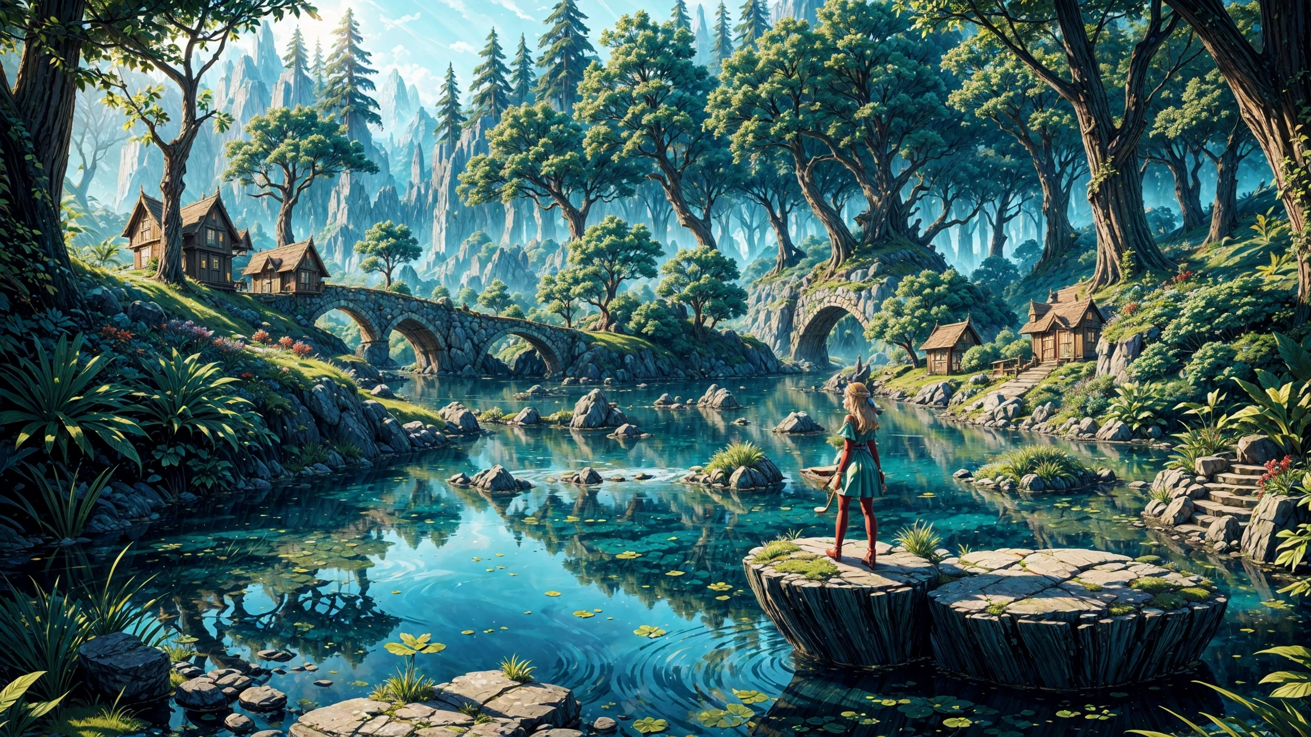 (Schön fantasy landscape), ((Sehr detailiert)), scharfer Fokus, großer Felsen, (Wasserwellen) Reflexionen, Zauberschloss,  Fluss (Teich), Elfen Feen Wald, ((Elfenfeendorf)), atemberaubende Natur Wasserwelt , verzaubertes Land,  (elf):1.3, (strahlend sonniger Himmel), (Hoher Kontrast), filmisch (Beleuchtung), Hintergrundbeleuchtung, (Schatten), Linsenreflexion, leuchtende Farben, Bunt, [rote Blumen] und verlässt, (hübsch), (Schön), Liebend,), 