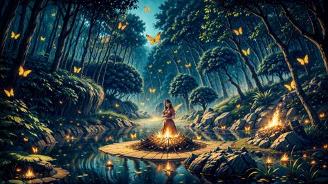 (bonfire:1.5), (butterflies, fireflies:1.2), (beautiful fantasy landscape), ((very detailed)), sharp focus, big rock, water (rip...