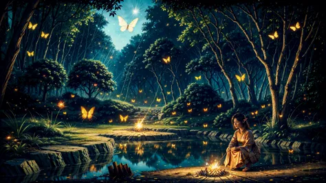 (bonfire:1.5), (butterflies, fireflies:1.2), (beautiful fantasy landscape), ((very detailed)), sharp focus, (big rock), full bri...
