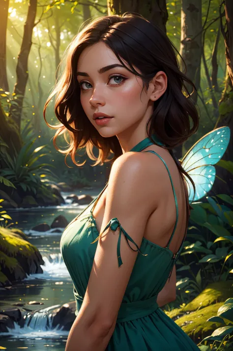 (masterpiece, best quality), photo of a woman, realistic, beautiful, forest, fairy, bokeh, stream, vibrant lighting