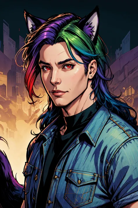 a man with colorful hair and a cat ears standing in front of a city