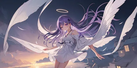 (((masterpiece))),(((best quality))),((ultra-detailed)),(Night Aerial Shot),(Foreground Focus),
(((Night City))),1 girl,Chubby Cheeks,(((Purple|Long hair|Triangle Hair Clip on Left Side))),Eyebrow-Covering Bangs,Fallen Angel,Halo,Waist Wings,(((White dress))),Eyes Closed,Free Fall,Upside Down,Subtle Sadness,
Wind Currents,Hair and Clothes Movement,((Ethereal Atmosphere)),