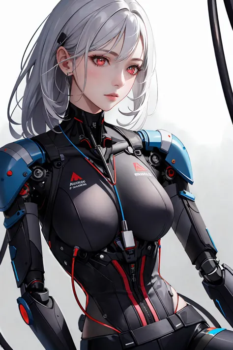 a close up of a woman in a futuristic suit with a gun