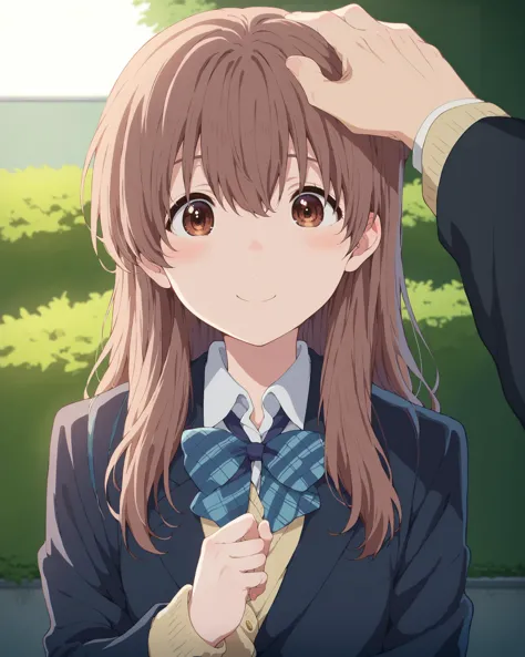 score_9, score_8_up, score_7_up, score_6_up, masterpiece, perfect quality, perfect lighting, nsfw,
school setting, solo girl, smiling girl, cute girl, blushing, upper body shot,
<lora:shouko-nishimiya-movie-ponyxl-lora-nochekaiser:1> shouko nishimiya, long hair, brown hair, brown eyes, skirt, bow, school uniform, jacket, plaid, plaid skirt, blazer,
 <lora:HeadpatPOVXL:1> IncrsXLHeadpatPOV, girl's head patted by hand