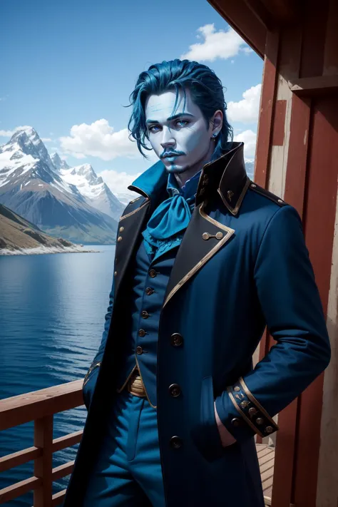 (masterpiece, best quality),  intricate details,
1boy, male, water genasi, (blue skin:1.5), victorian noble outfit, (black coat:...