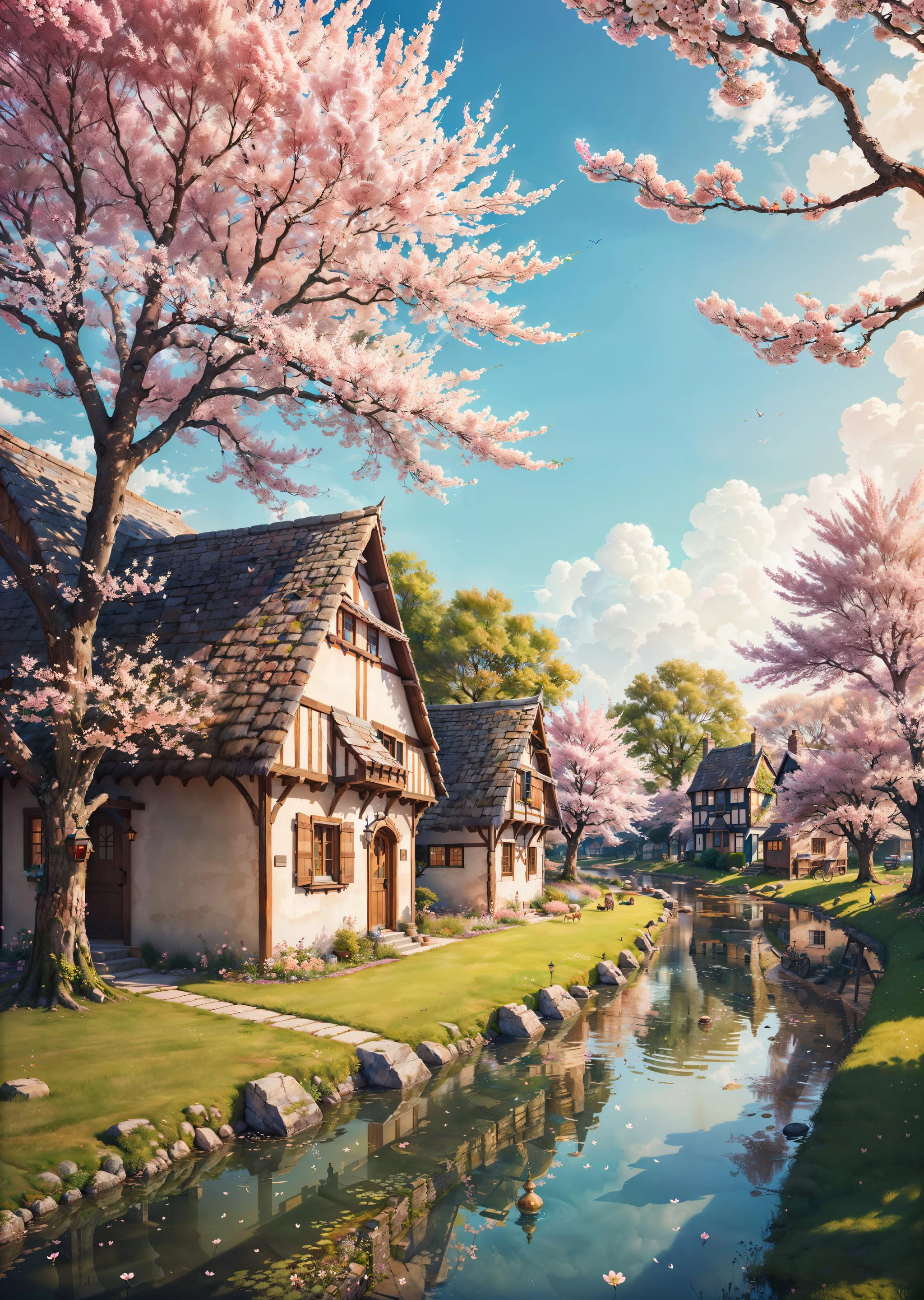 Une illustration numérique enchanteresse d&#39;une ville médiévale sereine et magique, teintes pastel, cerisiers en fleurs, rivière tranquille qui coule à travers, Gîtes pittoresques, petite brise, des créatures fantaisistes errent, 8k, ((chef-d&#39;œuvre)), Station artistique, très détaillé, netteté