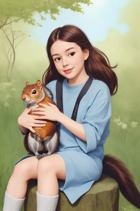 by dave gibbons and hikari shimoda in the style of charlie bowater, cute 18 year old woman and her pet squirrel, epic, 
<lora:ha...