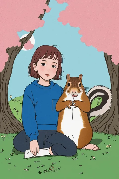 by dave gibbons and hikari shimoda in the style of charlie bowater, cute 18 year old woman and her pet squirrel, epic, 
<lora:ha...