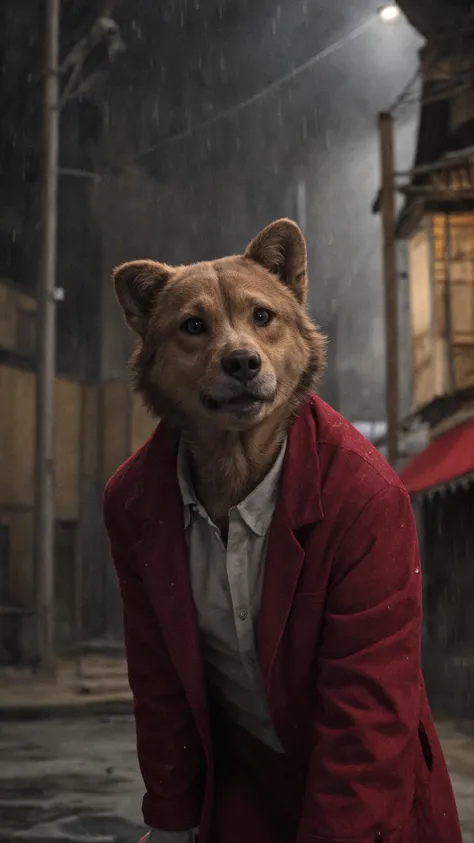 hongkong film style, kowloon walled city, dim lighting, atmospheric lighting, action genre, eary 19th century, film grain effect, gritty aesthetic, grunge aesthetic, 
animal, Hachiko in a red raincoat, raining, park, digital storybook illustration, textured brushwork, sharp focus, high detail, blurry background, 8k resolution, 
<lora:Kowloon Walled City_v1.0:0.6>,