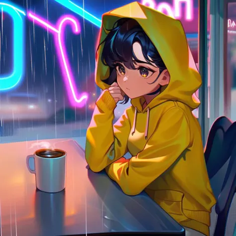 score_9, a cute girl in a yellow hoodie inside a coffee shop, rain in the background, (coffee shop interior :1.1), sitting behin...