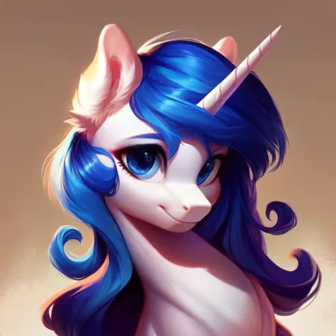 score_9, gleaming shield, rating_suggestive, feral unicorn Ice white stallion with a long blue mane with dark blue highlights, ice blue eyes, feminine features, very long mane, flowing mane, cute pony face, smile, portrait, intricate details, soft gradient...