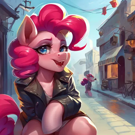 (score_9), pony Pinkie Pie in a black leather jacket and with a cigarette in his mouth strolls along the main street of the night city, beautiful