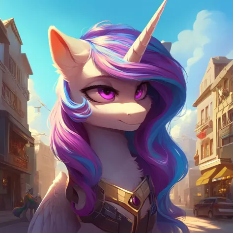 (score_9), pony alicorn Princess celestia in the middle of the street, beautiful, realism, high quality, high-quality background, good eyes, cinematic render, octane, detailed hair and fur