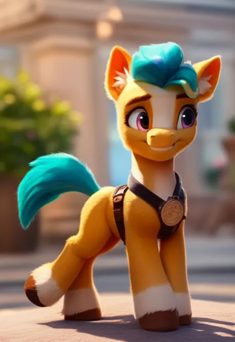 safe, score_9, irl, photo, [[plushie]], solo, pony hitch trailblazer, full body, smiling, detailed fur, ear fluff, cinematic lighting, soft shadows, artstation, digital illustration, detailed, sharp, smooth, vibrant colors, smooth gradients, depth of field