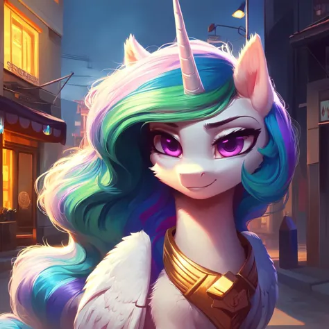 (score_9), pony alicorn Princess celestia in the middle of the street, beautiful, realism, high quality, high-quality background, good eyes, cinematic render, octane, detailed hair and fur