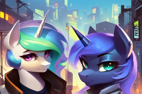 (score_9:1.1), detail, [[(vector:1.0):(lined:1.0):4]::8], feral pony princess luna and celestia, cyberpunk city at background, jacket