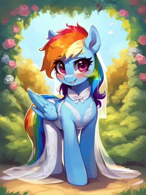 (score_9), solo, a female happy smiling blushing, ((pony rainbow dash)), pony, beautiful, at a lush garden, looking at you, (wedding dress and veil)