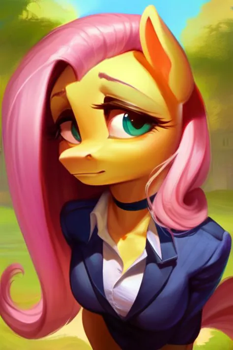score_9, rating_questionable, (high_quality:1.2), solo, anthro pony, anthro Fluttershy posing, Fluttershy, (cute:1.2), choker, (muscles:1.0), school outfit, buttoned up shirt, tight, blazer