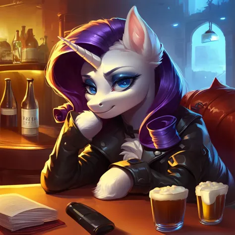 (score_9), solo, pony unicorn Rarity in a leather black jacket is sitting at the table, there is a bottle of beer next to it, beautiful, realism, cinematic render, octane, detailed hair and fur