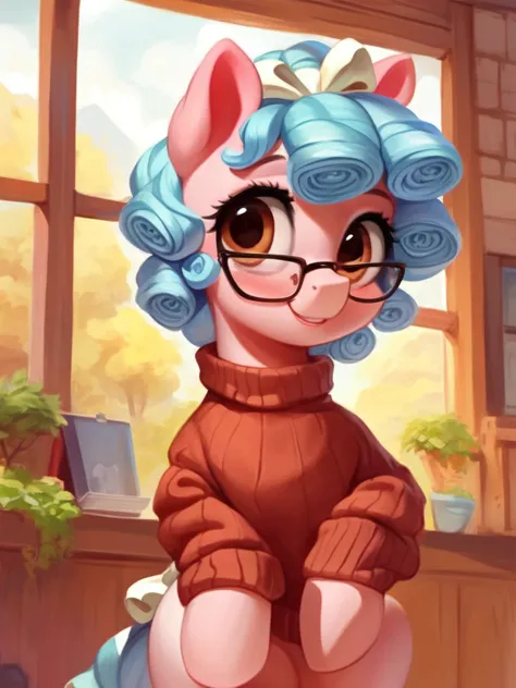 (score_9), (rating_safe), solo, a female cheerful smiling ((pony)), beautiful, detailed cute pony face, blushing, standing, inside a cozy house, wearing sweater, wearing glasses