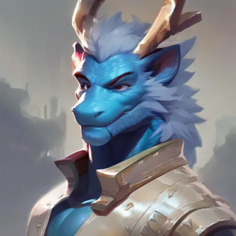 a close up of a blue dragon with horns on his head