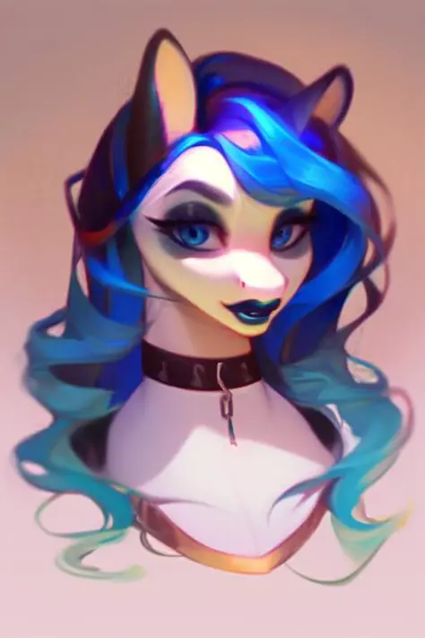 rating_safe, score_9, feral pony, white unicorn female with two-toned dark blue and light blue hair, dark blue eyes, dark blue eyeshadow, choker, sassy, eyelashes, bust, looking at you, dark blue lipstick