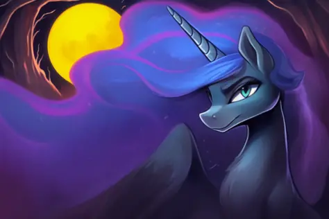 score_9, source_pony, a colorful illustration of Princess Luna smirking at you with a swirling mane and a ((yellow moon)) in the background