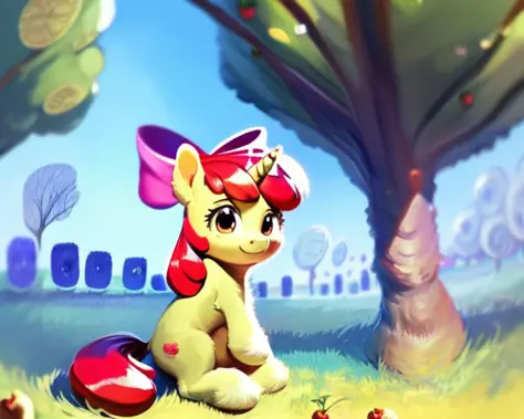 unicorn, pony, filly, apple bloom,  (score_9), solo, country side background, many apple tree, very beautiful, best quality, perfect anatomy, Impressionism, sitting on the ground, fluffy, (body fur), masterpiece, blurry, realistic, plush, lens flare, depth...