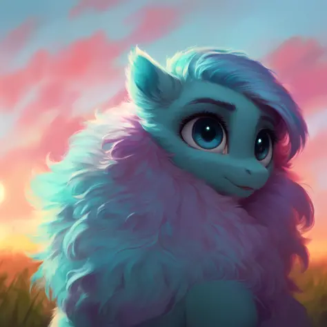 (score_9), pony (fluffle puff), solo, field background, dusk light, (cute), detailed mane and fur, fluffy, (body fur), blurry, realistic lighting, masterpiece, beautiful, high detail, cinematic render, brushstrokes, painting, lens flare, depth of field, tu...
