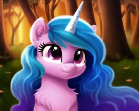 unicorn, pony, izzy moonbow, mark:1.1, solo, in the bridlewood, forest background, small petals on the ground, very beautiful, best quality, perfect anatomy, fluff, (body fur), masterpiece,  (digital painting, soft shading,, warm lighting), cute,