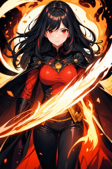 1girl, black hair, red eyes, fire witch, blood, light particles, light rays, wallpaper, high contrast, colorful