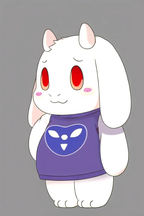 a cartoon bunny with red eyes and a purple shirt