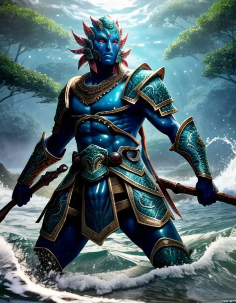 a man in blue and gold armor standing in the water