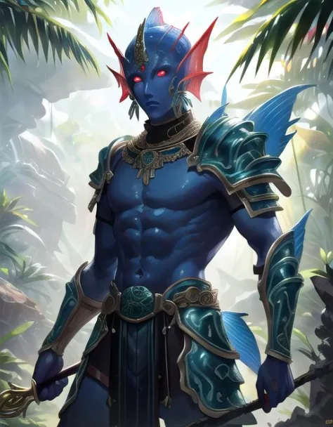 a man in blue armor holding a sword and standing in front of a jungle