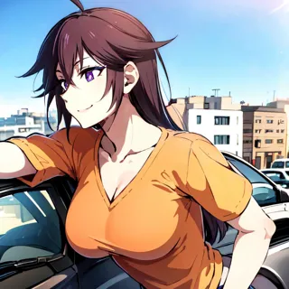 Haut du corps, S’appuyer sur une voiture, vue de côté, Sourire mignon, t-shirt orange à rayures bleues violet,  Beaux yeux, Belle fille, Peau très détaillée, yeux très détaillés, cheveux très détaillés, haute résolution, ultra détaillé, affiner l&#39;image, très détaillé, chef-d&#39;œuvre, Meilleure qualité, Photoréaliste,