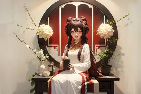masterpiece, best quality, <lora:hanfu:1>,hanfukozue, 1girl, brown hair, hu tao (genshin impact), branch, solo, long hair, flower, smile, window, chinese clothes, ahoge, open mouth, red eyes, twintails, lantern, plum blossoms, looking at viewer, bird, dres...