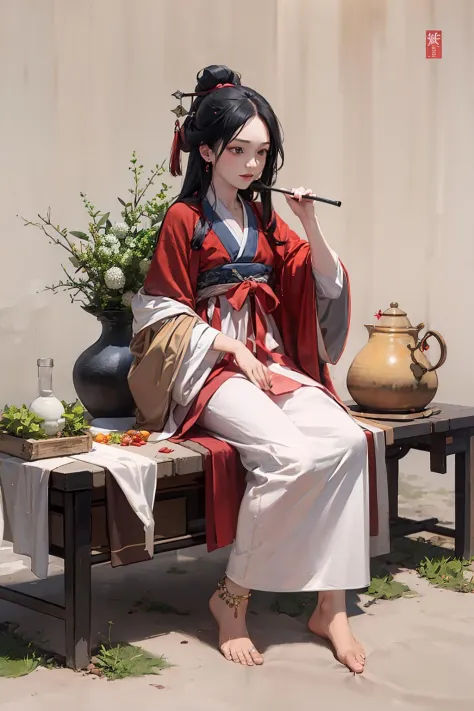 masterpiece, best quality, <lora:hanfu:1>,hanfukozue, 1girl, black hair, bug, butterfly, barefoot, solo, hair ornament, sitting, hanfu, chinese clothes, anklet, leaf, fruit, jewelry, white background, long sleeves, simple background, food, grapes, full bod...