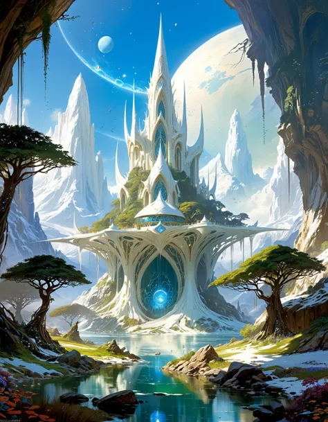 otherworldly elven high fantasy landscape by Stephan Martiniere, (pure white and incredibly beautiful:1.4), (highly detailed, professional, masterpiece, best quality:1.5), pure white and ivory hue ,