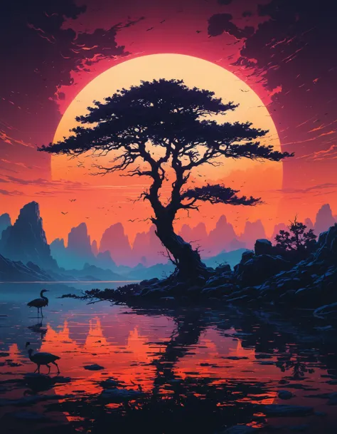 a painting of a lone bird standing on a rock near a tree